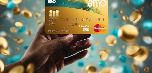 An image featuring a hand holding a BMO CashBack World Elite Mastercard, showcasing its sleek design, with vibrant cash icons floating around it, representing the card's enticing cashback rewards
