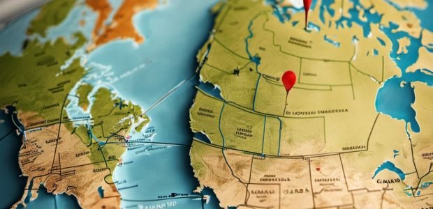 An image featuring a map of North America with a dotted line tracing the shipping route from the US to Canada