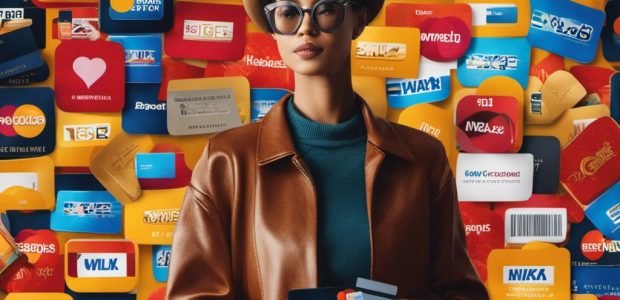 An image capturing a person holding multiple credit card options, surrounded by vibrant icons representing rewards such as cashback, travel, shopping, and dining
