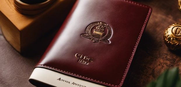 An image showcasing a luxurious leather passport holder, adorned with the CIBC Aventura Visa Infinite Privilege logo, surrounded by a backdrop of breathtaking travel destinations and exclusive travel benefits