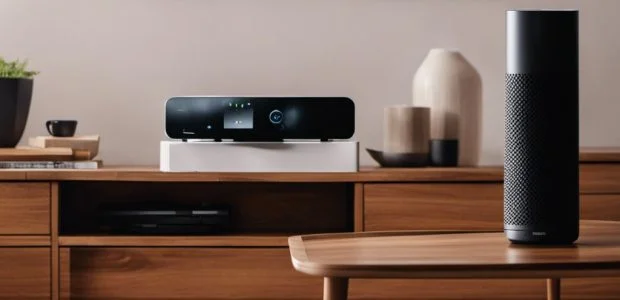 An image of a cozy living room scene with a modern Amazon Smart Plug connected to various appliances