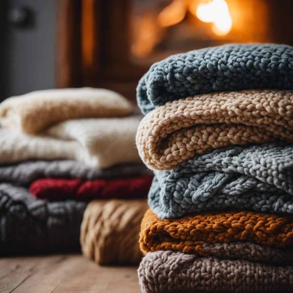 An image that showcases a variety of cozy throw blankets in soothing colors and luxurious textures, neatly folded and arranged, with a price tag of under $50, inviting readers to indulge in affordable warmth and comfort