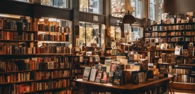 An image showcasing a quaint Canadian bookstore, with shelves overflowing with dog-eared books of various genres