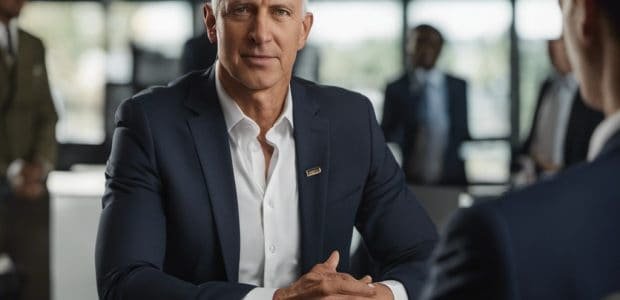 An image showcasing a confident candidate engaging in a mock interview at Amazon, displaying strong body language, maintaining eye contact, and responding with clear and concise answers to behavioral interview questions
