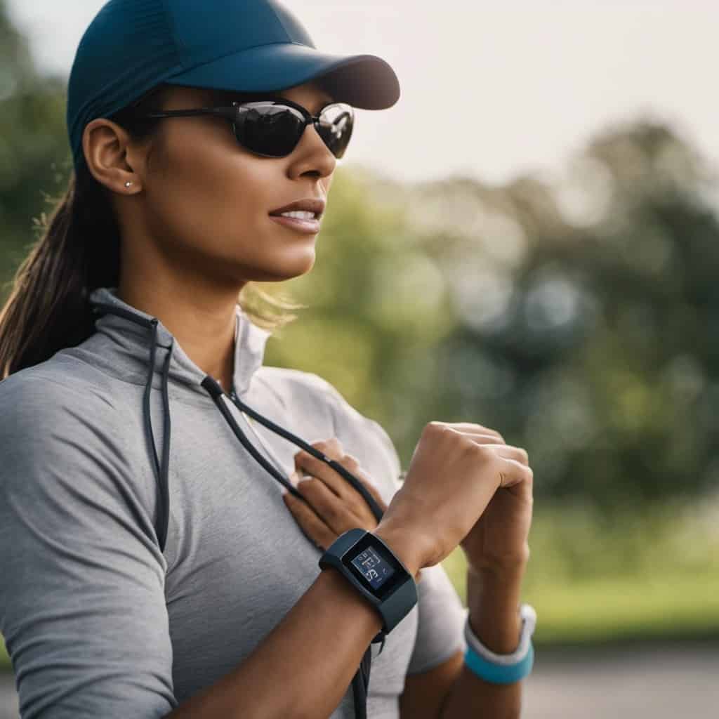 An image that showcases a person wearing a Fitbit while engaged in various activities like running, cycling, and yoga