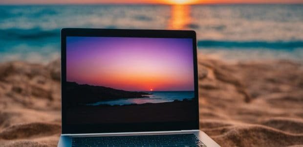 Revolut: The Ideal Online Bank for Cyprus 1 An image showcasing a serene sunset scene on a picturesque Cyprus beach, with a laptop displaying the Revolut app, symbolizing the perfect fusion of modern online banking and the island's natural beauty
