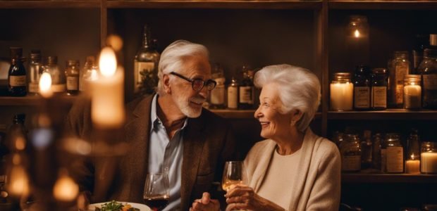 Senior Discounts in Canada: Save on Restaurants, Stores, Pharmacy, and Travel 1 An image showcasing a blissful senior couple indulging in a candlelit dinner at a cozy restaurant, surrounded by shelves stacked with discounted products, with a travel brochure and pharmacy essentials neatly arranged nearby