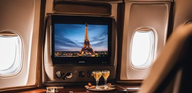 An image showcasing a luxurious, first-class airplane seat with a personal TV, spacious legroom, and a glass of champagne, surrounded by breathtaking travel destinations like the Eiffel Tower and Taj Mahal