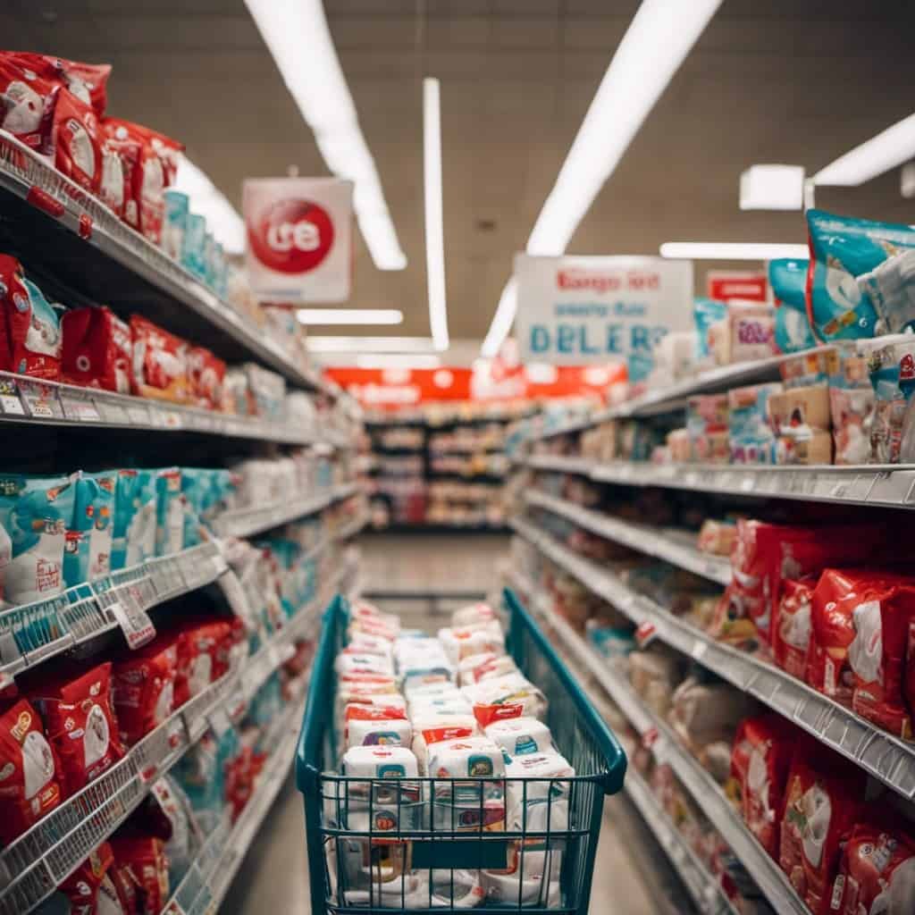 An image showcasing a bustling store aisle with bright, eye-catching displays of discounted diapers, surrounded by throngs of excited shoppers with shopping carts piled high, representing the best Black Friday diaper deals at Target, Amazon, and other major retailers