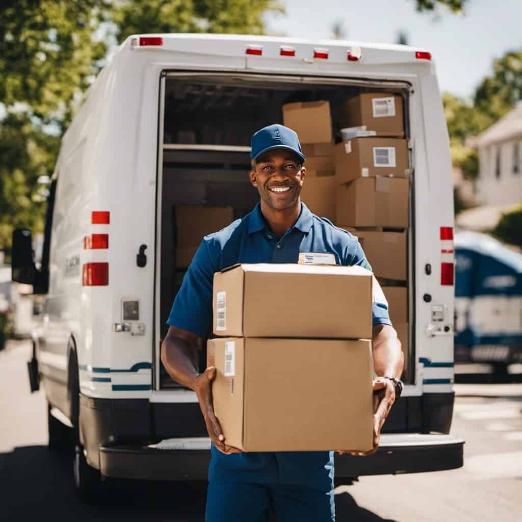 An image showcasing a cheerful USPS mail carrier delivering packages on a sunny Sunday afternoon