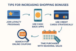 Refer a Friend Program: Capital One Shopping Referral & How Capital One Shopping Rewards Work 2 Educational infographic with vector illustrations on increasing shopping bonuses, covering loyalty programs, cashback apps, credit card strategies, online coupon searches, and seasonal sales timing. Features modern colors and icons with clear titles and directional arrows for educational clarity.