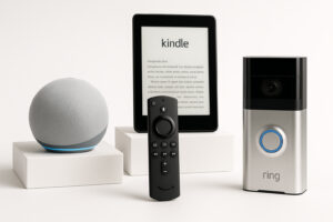 Amazon Prime Big Deal Days: Top Prime Deals You Can't Miss 3 Editorial display of top-selling Amazon devices like Echo Dot, Kindle Paperwhite, Fire TV Stick, and Ring Video Doorbell, elegantly arranged with soft lighting on a white background. Captured with professional specifications for Amazon promotions.