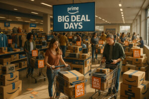 A vibrant retail scene highlighting Amazon Prime Big Deal Days with products adorned with Amazon branding. Shoppers bustle with carts full of discounted items under dynamic 'Big Deal Days' signs. Warm natural sunlight enhances realism, casting soft shadows and highlighting polished surfaces.