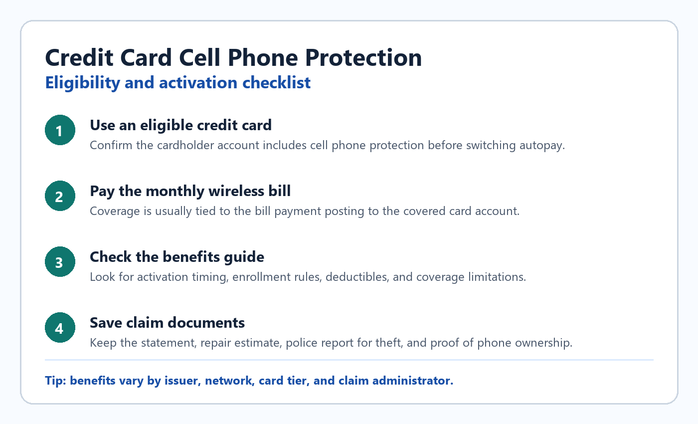 Credit card cell phone protection eligibility and activation checklist