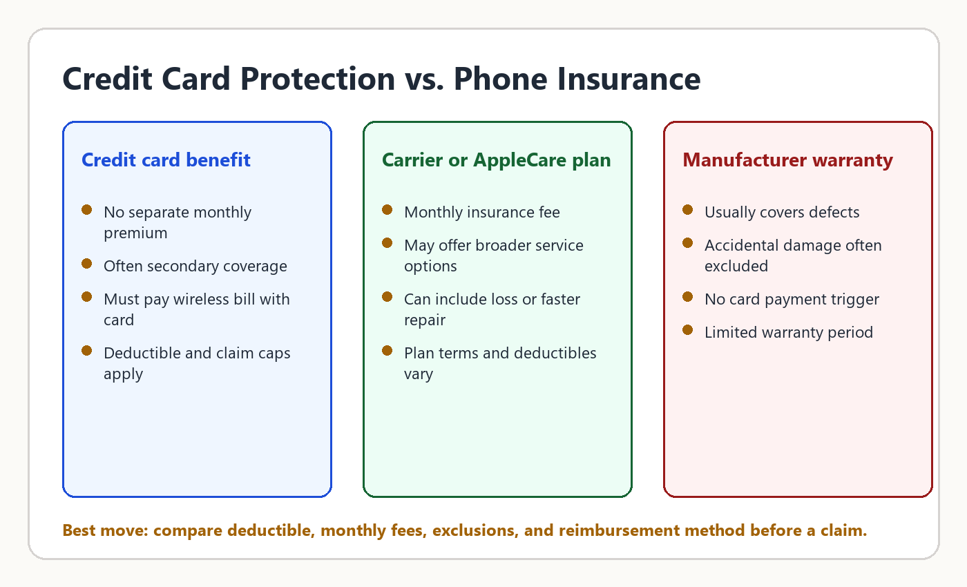 Credit card cell phone protection compared with carrier phone insurance and manufacturer warranty