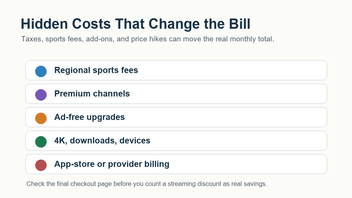 Streaming Service Costs in 2026: Price Comparison Guide 4 Hidden streaming service costs including sports fees, premium channels, 4K and billing add-ons