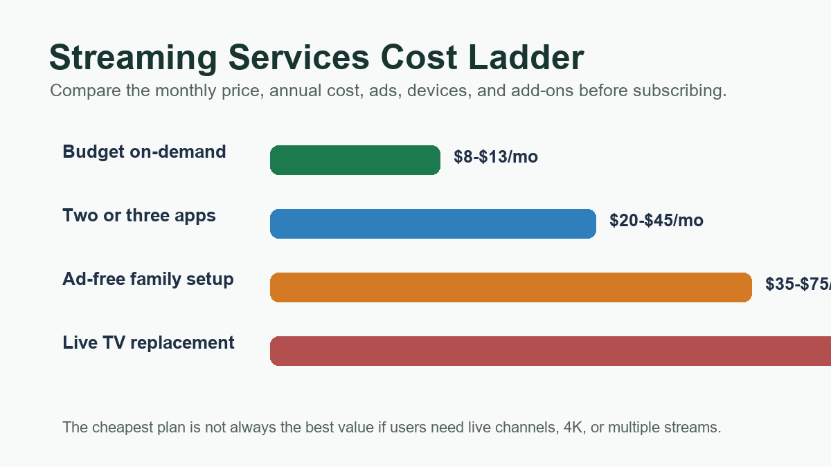 Streaming Service Costs in 2026: Price Comparison Guide 3 Streaming services cost ladder comparing monthly prices for on-demand apps and live TV