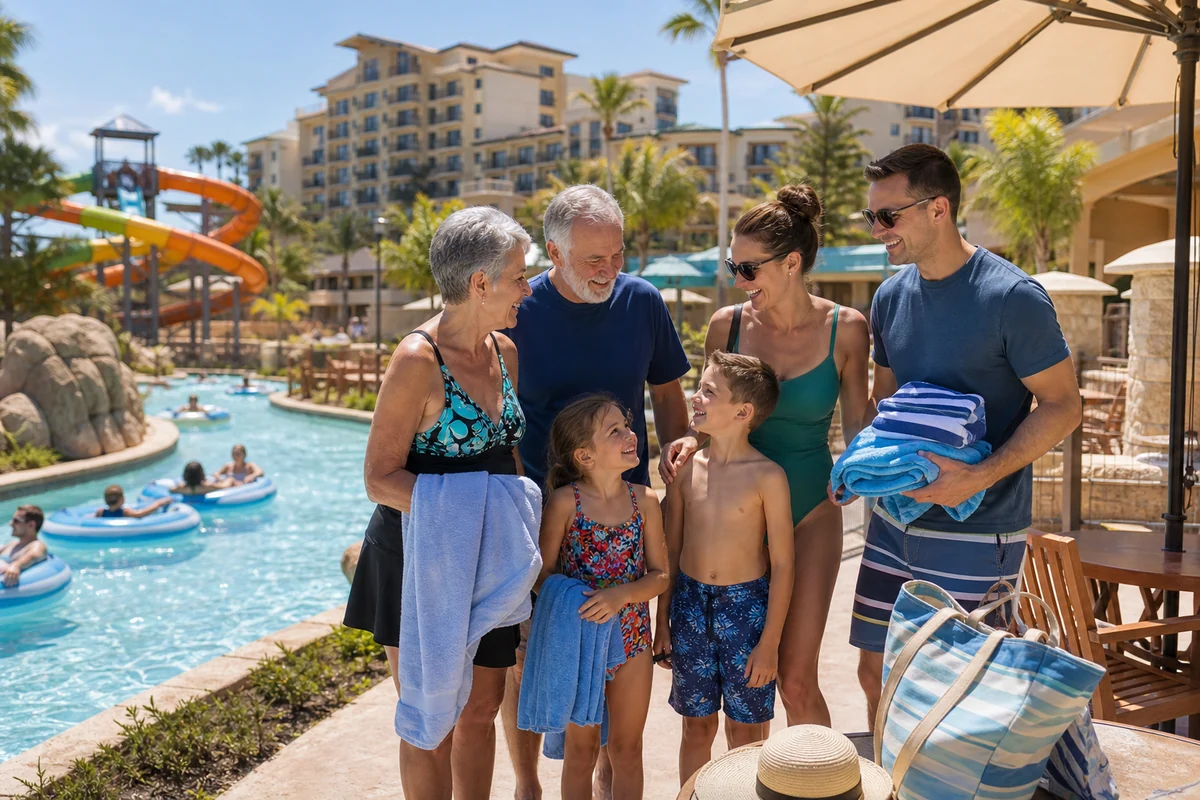Multigenerational family using water park resort and group deals