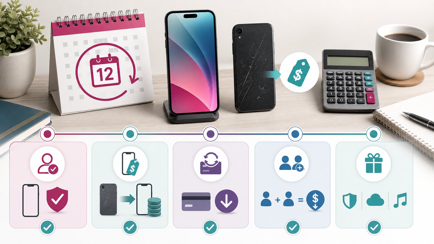 Phone upgrade eligibility checklist with trade-in phone, 12 month calendar, calculator, and savings icons
